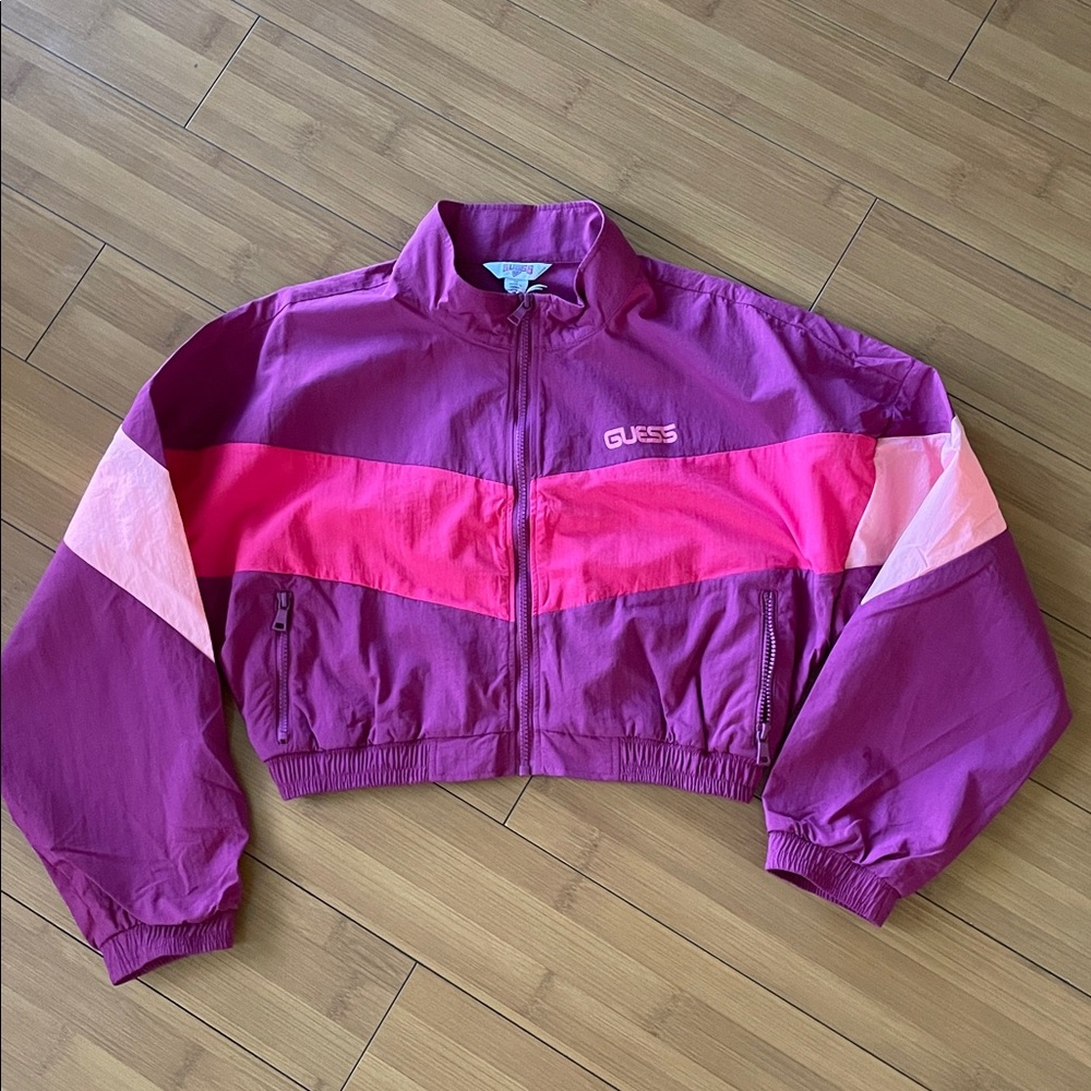 GUESS cropped pink windbreaker retro style jumper track zipper jacket
